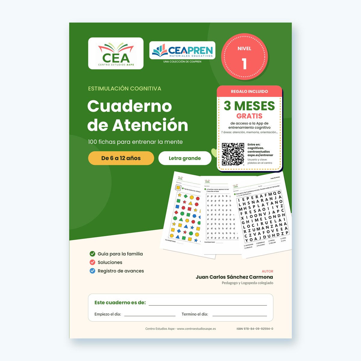 Portada del Cuaderno de Atención Nivel 1, 100 fichas para niños de 6 a 12 años