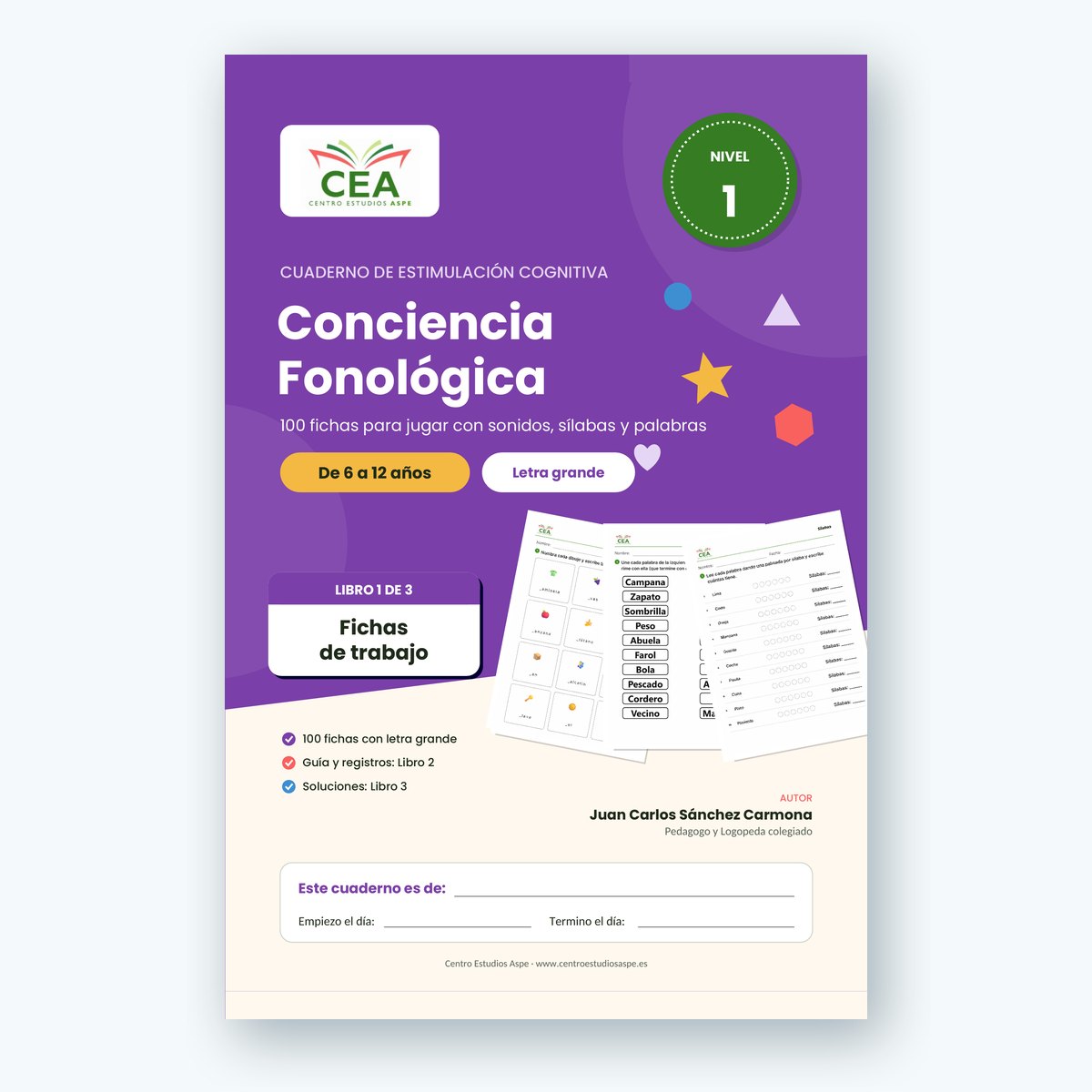 Portada del Cuaderno de Conciencia Fonológica Nivel 1, 100 fichas para niños de 6 a 12 años