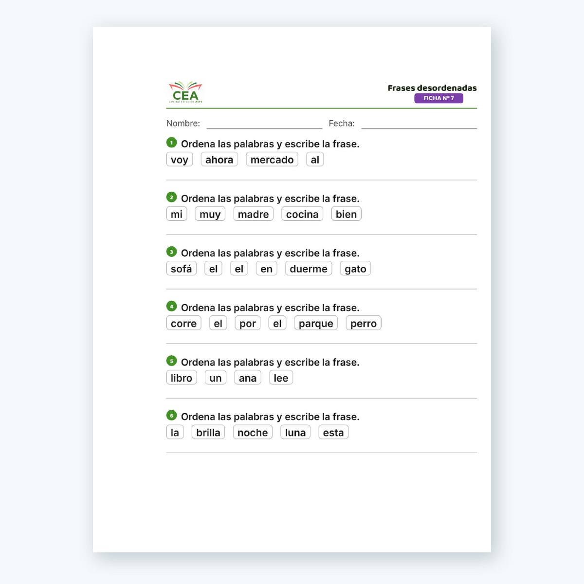 Ficha de ejemplo: ordenar las palabras y escribir la frase